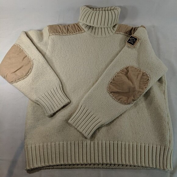 Paul & Shark Yachting 100% Wool Cream Beige Knit Sweater Patches XL Turtleneck - Picture 1 of 16